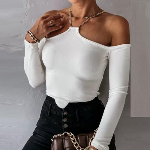2021 Women Pullover Casual Chain Halter Long-sleeved Tops New Autumn Sexy Shoulder Slim Elegant Solid Streetwear Chic Blouses
