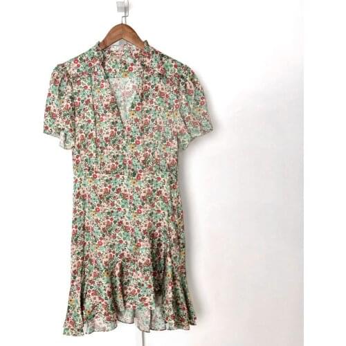 Women Retro Floral Print V-Neck Mini Dress 2021 New Ladies Short-Sleeves Hem Ruffles Fashion Short Robe Female Clothing