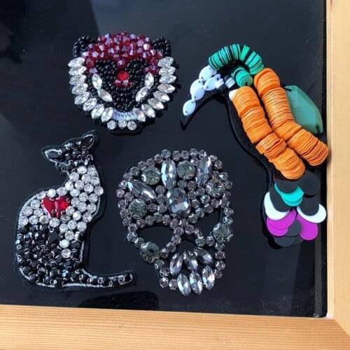 Rhinestone Skull Beaded Patch for Clothing Sewing Cat Beading Applique Clothes Shoes Bags Decoration Birds Patch