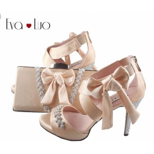 BS916 DHL Custom Made Champange Bow Rhinestone Shoes with Matching Bag Bridal Wedding Shoes Women High Heel Sandals