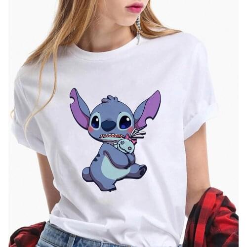 Disney Lilo & Stitch T-shirt Women Summer Cartoon T-shirt Fashion Women Casual White T-shirt Kawaii Tees Top