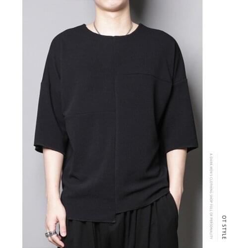 Japanese simple personality stitching asymmetric solid color loose loose mouth short-sleeved t-shirt half-sleeve jacket men