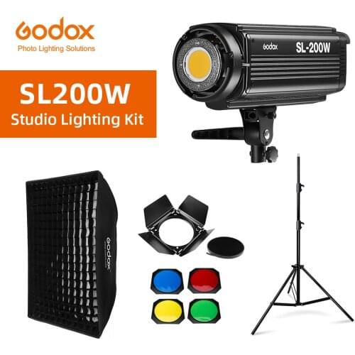 Godox SL-200W SL200W 5600K White Version LCD Panel Continuous LED Video Light + 70x100cm softbox + 2.8m Light Stand + Barn Door