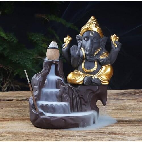 NOOLIM Ganesha Backflow Incense Burner Elephant God Emblem Auspicious and Success Ceramic Censer Home Decor with 20pcs Cones