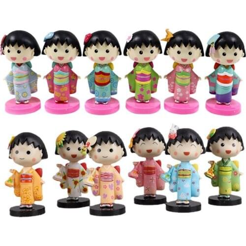 6 Styles Hand Painting Kimono Chibi Maruko Chan Action Figure PVC Anime Figurine Keychain Pendant Cake Decorations Girl Toy Gift