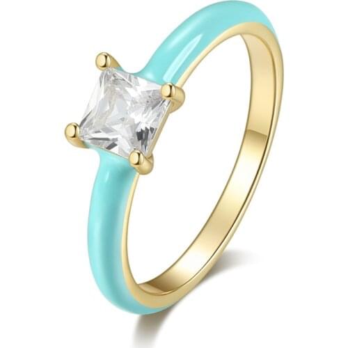Blue Pink Green Fashion Glue Ring Princess Cut White Zircon Square Ring Vintage Gold Color Thin Rings For Women Wedding Jewelry