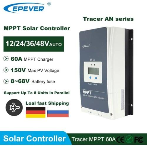 EPever MPPT 60A 12V 24V 36V 48V LCD Solar Charger Controller with Max PV 150V Input and Support Up To 8 Units in Parallel 6415AN