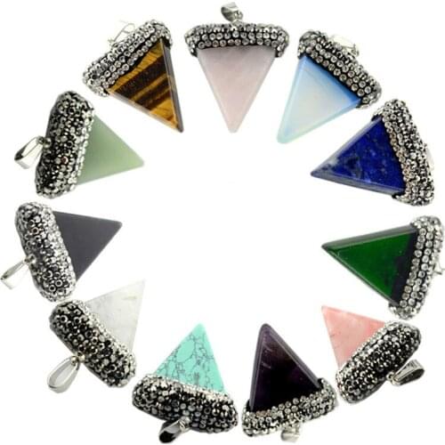 2019 Fashion Reiki Natural Gem Stone Rhinestone Triangle Crystal Agata Lapis Lazuli Opal Moonstone Stone Pendant for Girl Gift