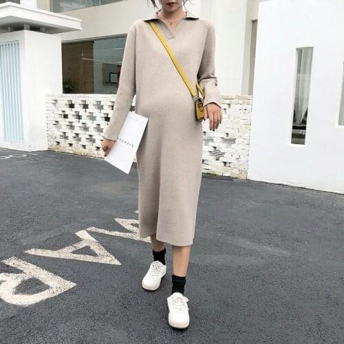 Autumn Winter Maternity Long Sleeve Sweater Dresses Turn-Down Collar Dress Pregnant Women Loose Dress Postpartum mother Clothes