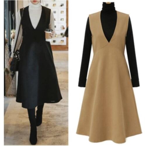 Autumn Dress Women Winter Korean Casual v-neck Dress Women Slim Elegant A-line Woolen Dress