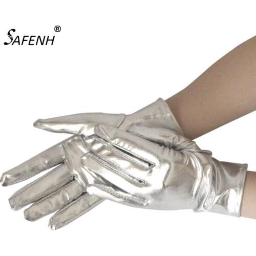 1 Pair Silver Sexy Wrist Length Latex Gloves Women Wet Look Fake Leather Metallic Glove Evening Party Stage Performance Mittens