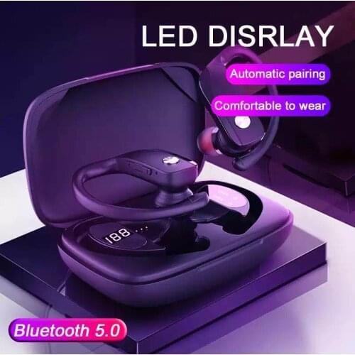 T16 Wireless Bluetooth Headset 5.0LED Wireless Ear Hook Bluetooth Headset Stereo Waterproof Noise-Cancelling Sports Headset Blue