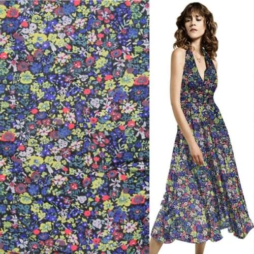 Deep blue small calico design silk and cotton blended fabric floral print,SCT393