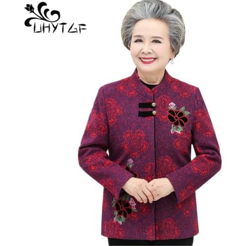 UHYTGF Elegant mother spring autumn coat fashion printing casual women 5XL plus size tops jacket Korean loose thin outerwear 960