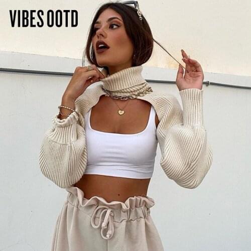 VIBESOOTD Fall Winter Knitted Turtleneck Womens Crop Tops Sweaters Lantern Sleeve Pullover Females Shawl Sweaters Streetwear