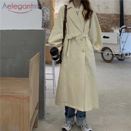 Aelegantmis Vintage Puff Sleeve Loose Trench Coat for Women 2021with Belt Korean Double Breasted Casual Windbreaker Fashion Coat