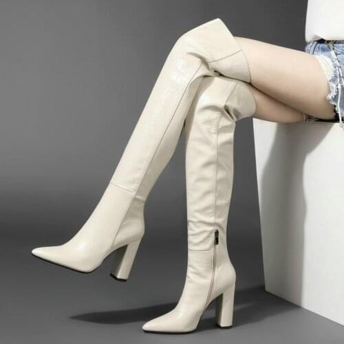 2021 New Women Over The Knee Boots Fashion Zipper Square High Heel Thigh Boots Feamle Pointed Toe Autumn Winter Boots