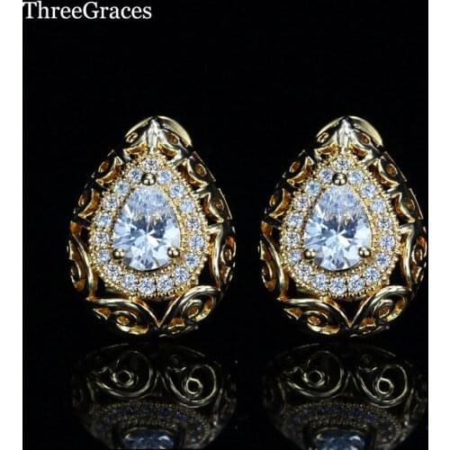 ThreeGraces Bridal Wedding Jewelry Clear White Cubic Zirconia Stone Waterdrop Vintage Gold Color Stud Earrings For Women ER270