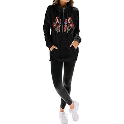 Flower embroidery womens sweatshirts half embroidery stand-up collar tops mid-length loose casual cotton female sweatshirts