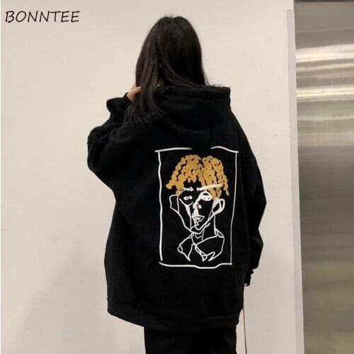 Hoodies Women Print Harajuku All-match Black Pullovers Hooded Feminino Clothing Outerwear BF New Ins Loose Stylish Autumn 2020