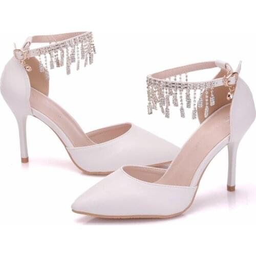 Crystal Queen fashion white Bridal Shoes Women Rhinestone Tassels High Heels Sexy Wedding Evening Party Shoes Ladies Pumps