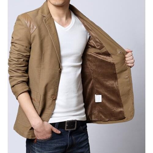 Plus Size M-6XL Mens Winter Fleece Fashion Casual Slim Fit Blazer Leather Patchwork Two Buttons Suits Jacket Men Outwear FS-123