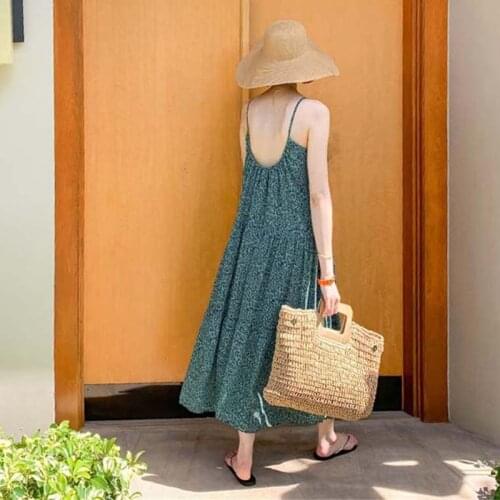 Johnature Summer New Floral Print Sexy Backless V-neck Spaghetti Strap Bohemia Dresses Women 2021 Korean Casual Loose Dress