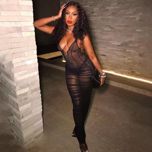 2021 Best Quality Fashion Design Mesh Dress Solid Transparent Spaghetti Strap Backless Summer Sexy Maxi Dress Vestidos