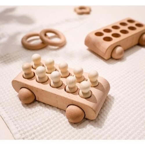 1Set Baby Wooden Bus Car Toys Beech Wood Car Blocks Wooden Peg Dolls Montessori Educational Toys Give Children Birthday Gift Box