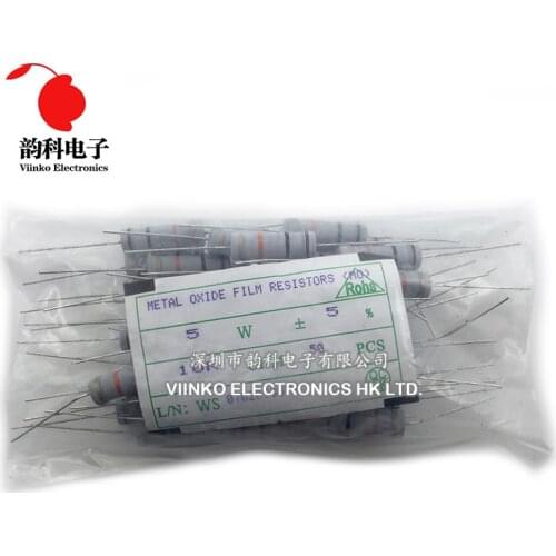 50pcs 5W Metal oxide film Resistor 5% 1R ~ 10M 100R 220R 330R 1K 2.2K 3.3K 4.7K 10K 22K 47K 100K 1M 100 220 330 ohm Carbon Film