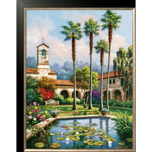 Diamond mosaic full diamond embroidery beads Cottage fish ponds tree diamond cross stitch crystal Square diamond sets unfinish