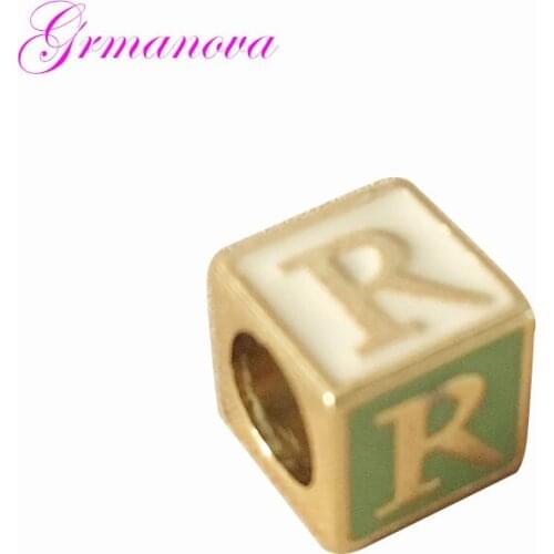 Green Enamel R Alphabet beads 9mm Square Ancient Gold Color Beads Letters Hand made Jewelry Findings diy Accessories