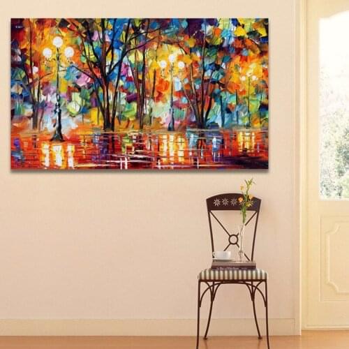 Large High Quality Handpainted Knife Oil Painting On Canvas Abstract Modern painting Wall Decor Rain Tree Road Palette Picture