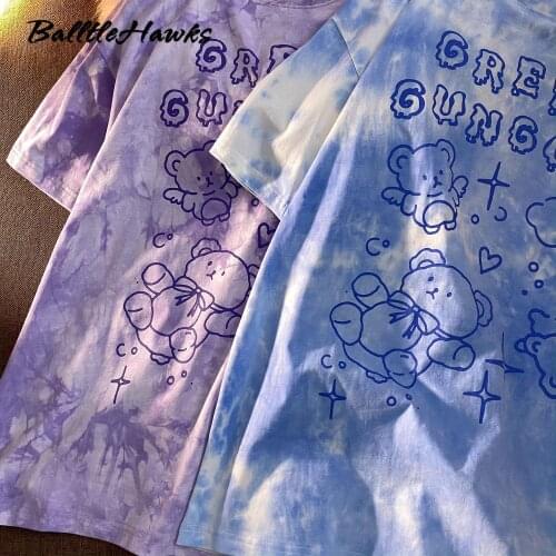 Summer Tshirt Streetwear Cute Bear Women Men Harajuku Short Sleeves Tops Tee Hip Hop Tie Dyed Tshirt Couple Tee Oversize