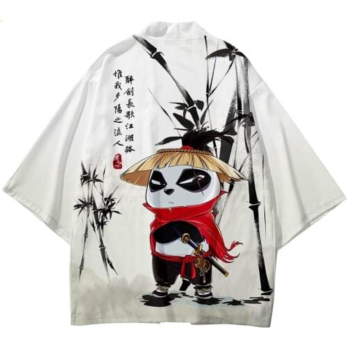 5XL Panda Print Chinese Style Robe Sets Fashion Japanese Kimono Beach Harajuku Men Women Cardigan Haori Asian Clothes Pant Suit