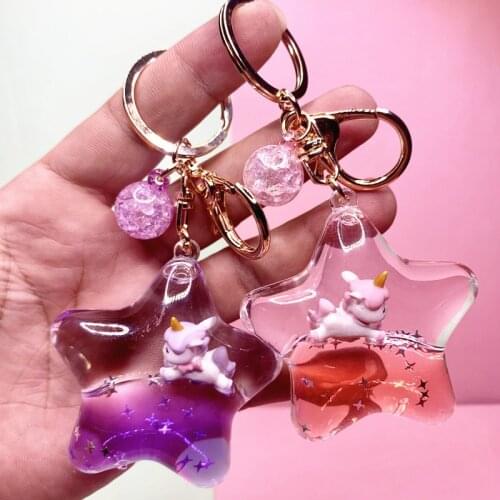 Creative Moving Liquid Quicksand Keychain Five-pointed Star Unicorn Daisy Floating Keyring for Women Charm Bag Pendant Kids Gift