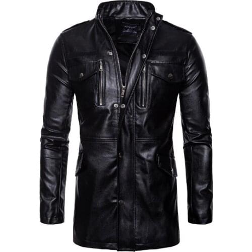 New High Quality PU Leather Jacket Male Multi-Pocket Leather Jacket Autumn Motorcycle Leather Jacket Men Long Windbreaker Coat