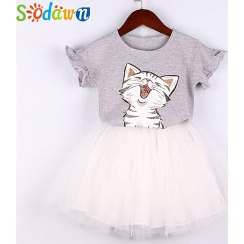 Sodawn Summer Girls Clothes 2020 New Cute Cat Cartoon Gray T-Shirt + White Mesh Princess Skirt Suit Kids Clothes Set