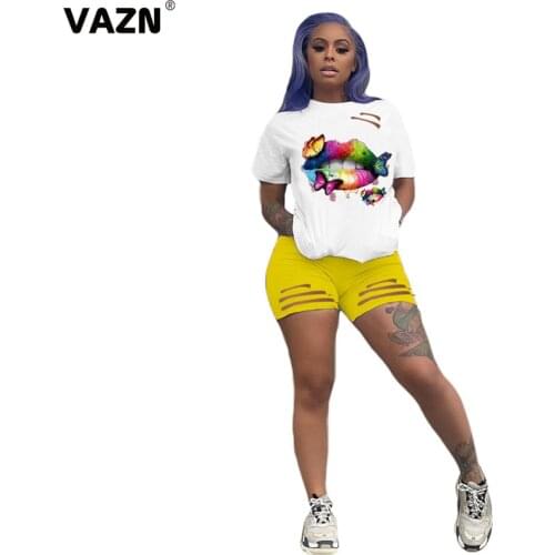 VAZN 2020 Summer New Daily Fresh Clear Casual Simple Free Style Short Sleeve Short Pants Tracksuits Slim Women 2 Piece Set