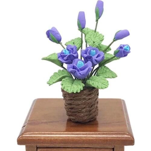1/12 Dollhouse Miniature Accessories Mini Purple Rose Simulation Flower Model Toys for Doll House Decoration