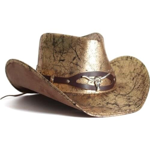 Retro Men Women Leather Western Cowboy Hat Outdoor Gold Rill Brim Jazz Hat Sombrero Hombre Cowgirl Hat Punk Belt Size 58-59CM