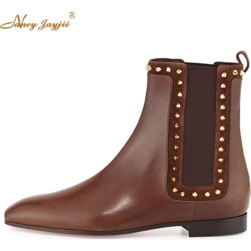 Women Brown Snow Winter Rivets Square Toe Low Heels Ankle Boots Genuine Cow Leather Party&evening&outdoor Large Size 46 Slip-On