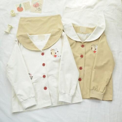 Sweet Womens Thin Coat Long Sleeve Jacket Cute Cat Embroidery Sailor Collar Girl Fit Fall Autumn Tops Colors White Khaki
