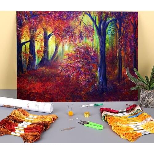 Natural Scenery Forever Autumn Printed Water-Soluble Canvas 11CT Cross Stitch DIY Embroidery Complete Kit DMC Sales