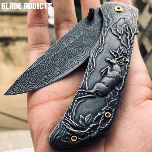 3D Carved Collectors Deer Damascus Pattern Steel Folding Blaed Knives Pocket Tactical Survival EDC Tools Outdoor Hunting Knife