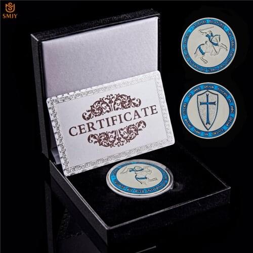 Blue Knights Templar Crusaders Cross Holy Sword Euro Silver Plated Replica Challenge Commemorative Coin W/ Luxury Box