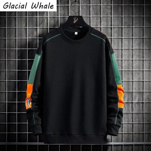 GlacialWhale Crewneck Sweatshirt Men New Casual Patchwork Spring Side Japanese Streetwear Oversized Black Hoodie Men Sweatshirts