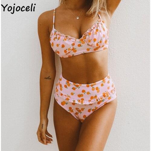 Yojoceli Ruffle cherry print sexy swimwear suit girl Summer beach bikini girls swimwear Cool elegant women tankini