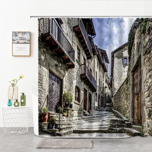 3D Shower Curtain Retro Old Building Rural Streets Photography Background Kitchen Bedroom Bathroom Decor Curtain Bath Supplies