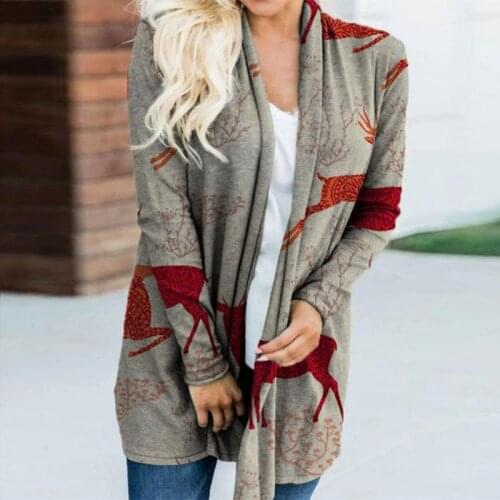 Christmas Elk Plaid Print Coat Jackets Spring Autumn Long Sleeve Cardigan Tops Women Casual Scarf Collar Vintage Blouse Outwear